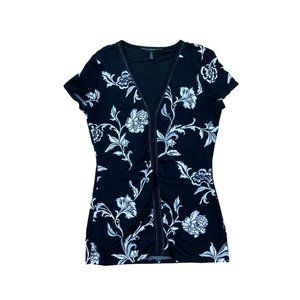 *WHBM White House Black Market Floral Print Top Womens XS Black White Short Slv
